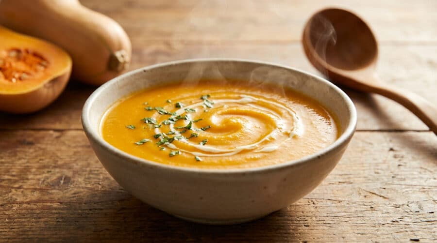 Un bol de soupe au butternut fumante garni de crème et d'herbes sur une table en bois rustique.