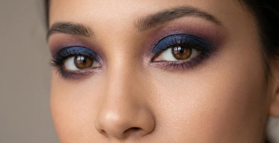 Gros plan sur un regard aux yeux marron sublimé par un maquillage smokey eye dans les tons bleu marine et prune.